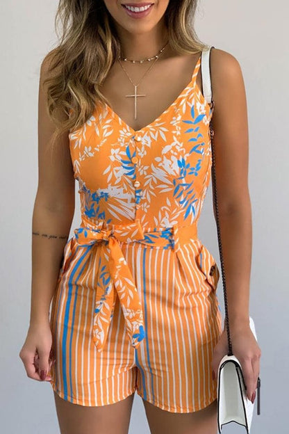 Antmvs Leaf Print Vertical Stripes Romper(With Belt)