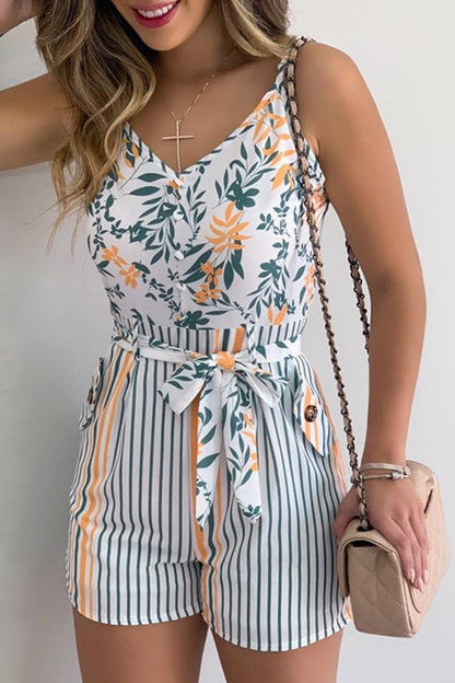 Antmvs Leaf Print Vertical Stripes Romper(With Belt)