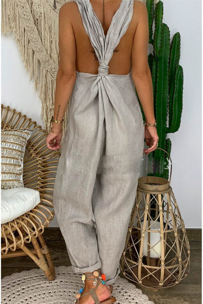 Antmvs Open Back Solid Color Sleeveless Jumpsuit