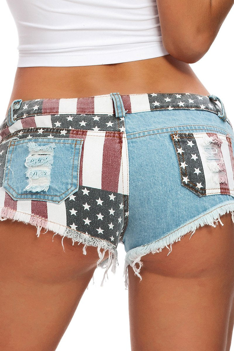 Antmvs Low Waist Denim Ripped Flag Shorts