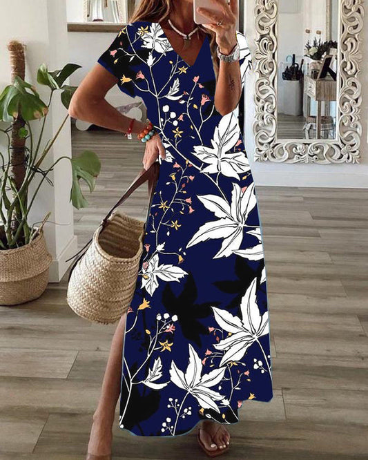 Casual Floral Print V-Neck Short Sleeve Hem Slit Maxi Dress