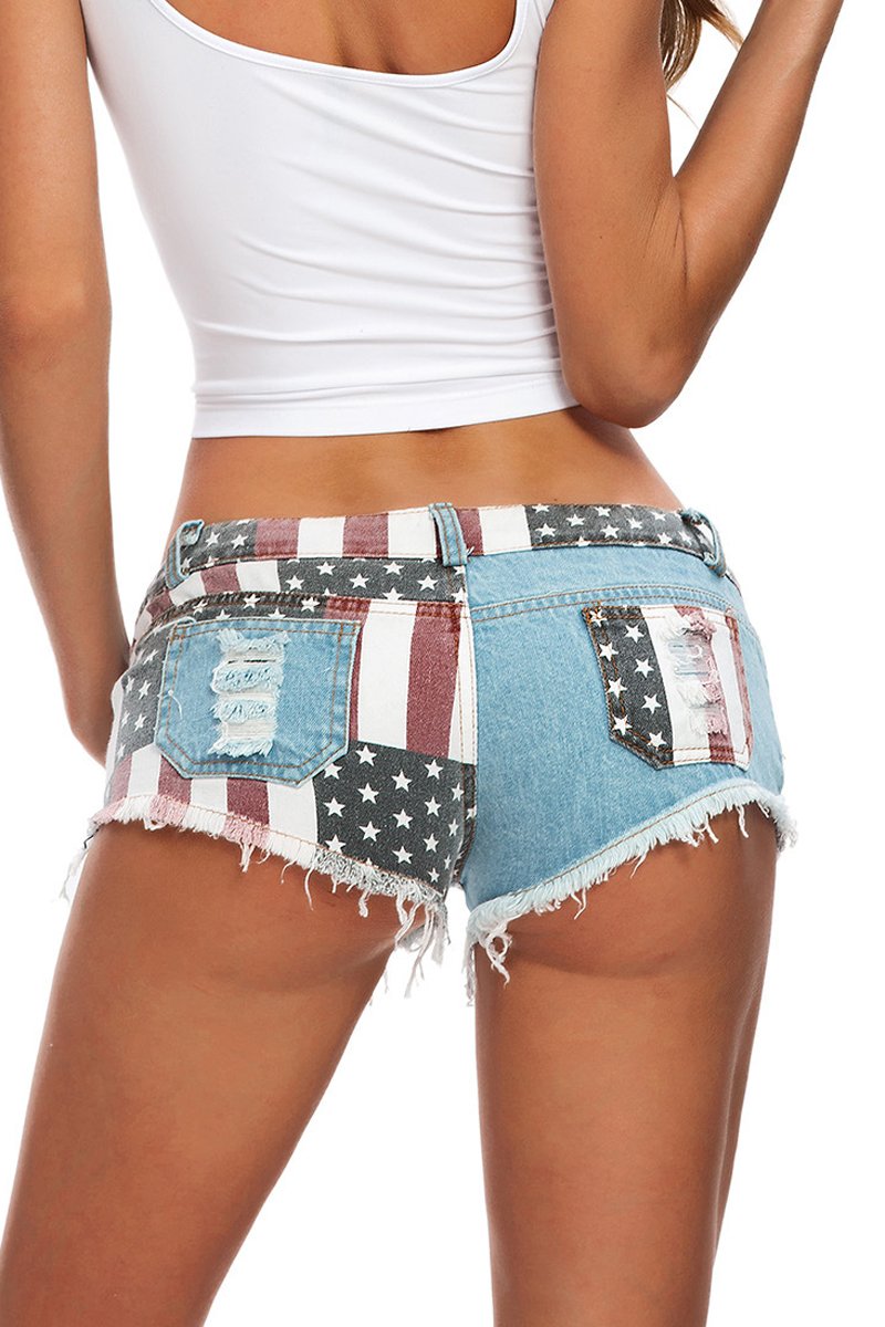 Antmvs Low Waist Denim Ripped Flag Shorts