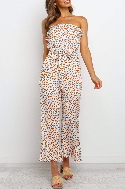 Antmvs Printed Ruffle Belted Sleeveless Jumpsuit