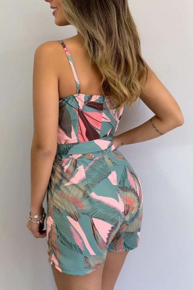 Antmvs Leaf Print Strapped Romper(With Belt)