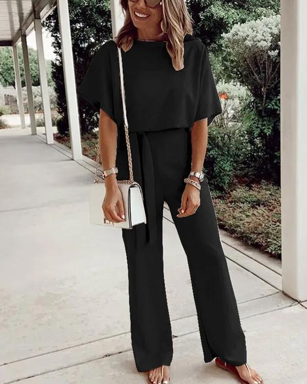 Antmvs Waist Belt Up Short Sleeve Jumpsuit