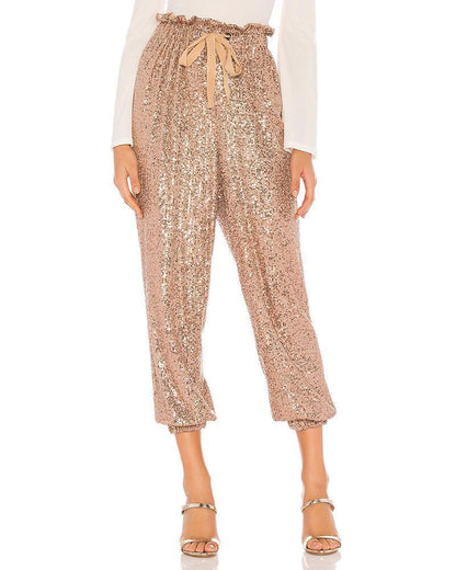 Antmvs Glitter Drawstring Design Sequins Cuffed Pants