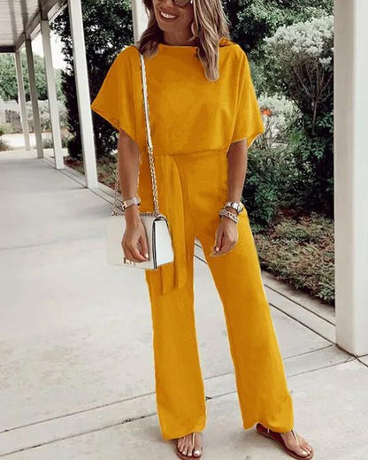 Antmvs Waist Belt Up Short Sleeve Jumpsuit