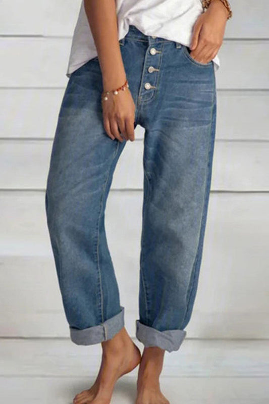 Antmvs Fashion Street Solid Mid Waist Straight Denim