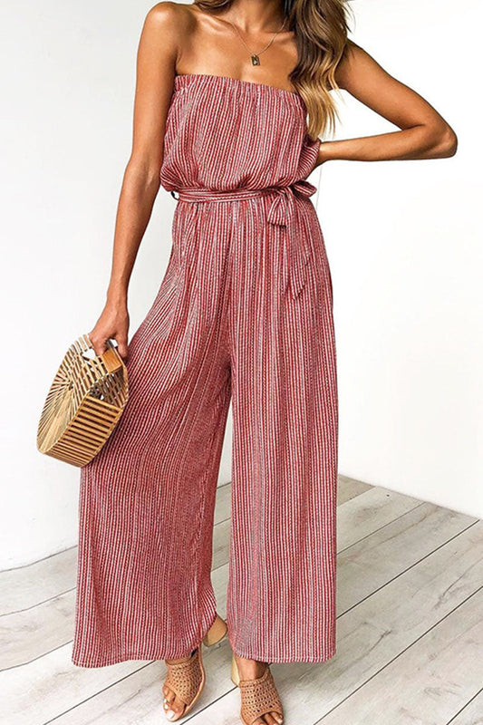 Antmvs Fashion Street Striped With Belt Strapless Loose Jumpsuits