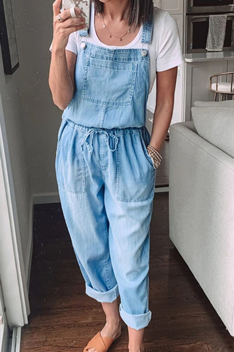 Antmvs Denim Drawstring Waist Pocket Jumpsuit