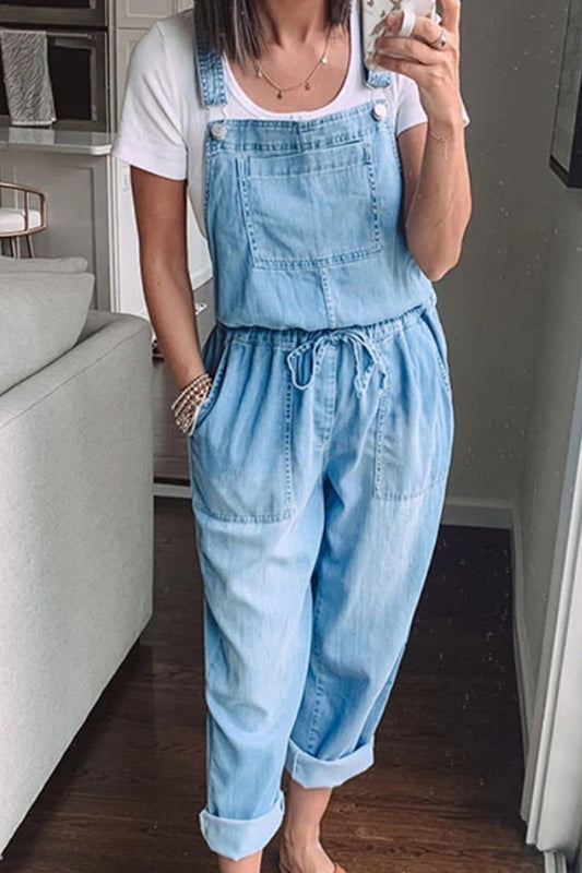 Antmvs Denim Drawstring Waist Pocket Jumpsuit