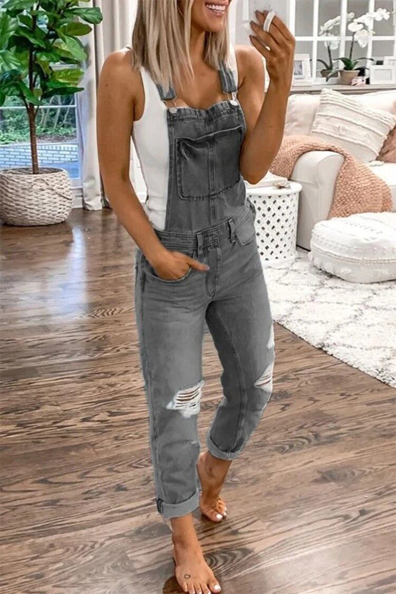 Antmvs Street Print Solid Ripped Patchwork Buttons Off the Shoulder Regular Jumpsuits