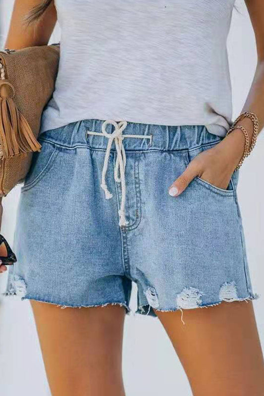 Antmvs Fashion Street Solid Ripped Mid Waist Straight Denim Shorts