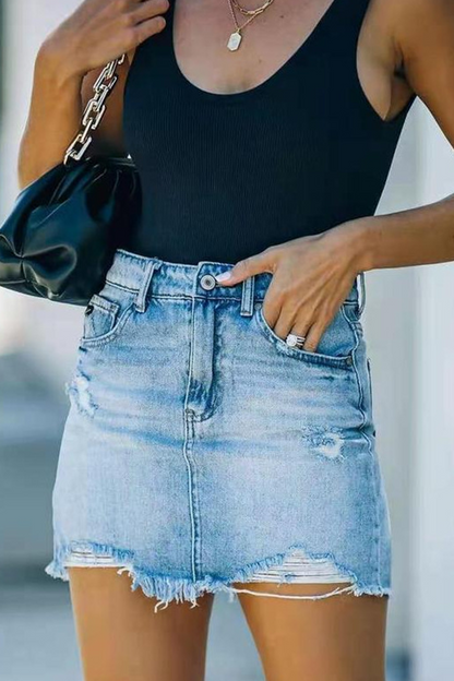 Antmvs Street Solid Lace Ripped Denim Skirts