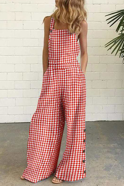 Antmvs Casual Plaid Buttons Square Collar Straight Jumpsuits(4 Colors)