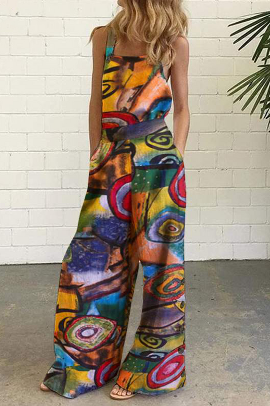 Antmvs Street Graffiti Buttons Square Collar Straight Jumpsuits