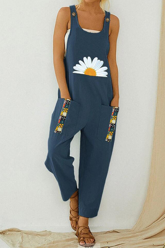 Antmvs Casual Print Pocket U Neck Loose Jumpsuits