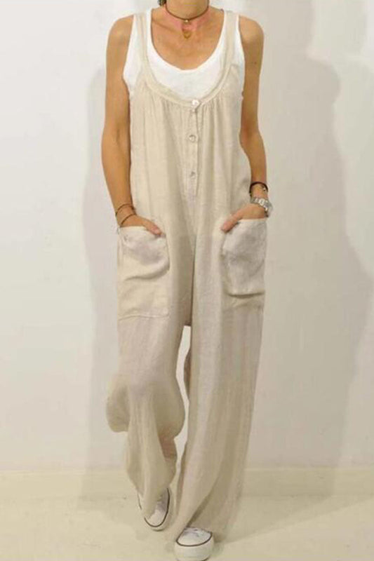 Antmvs Casual Solid Pocket Spaghetti Strap Loose Jumpsuits