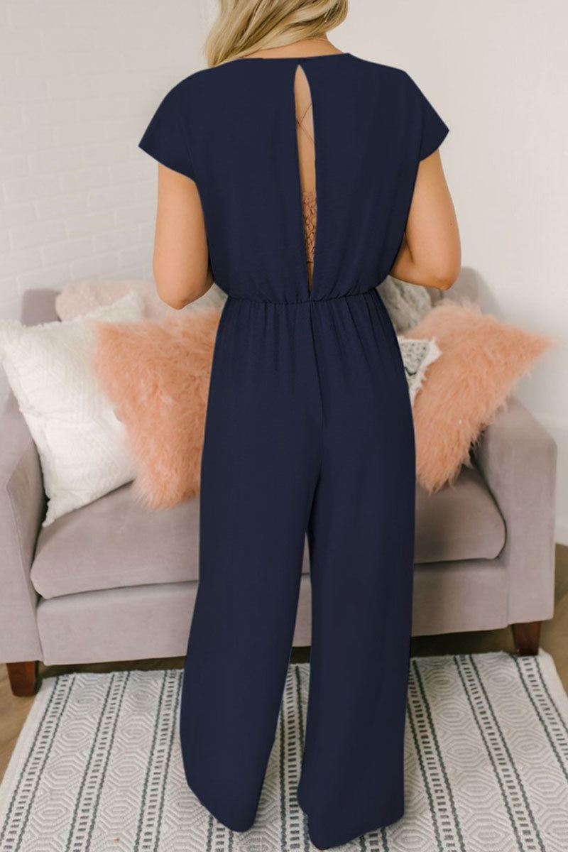 Antmvs Fashion Street Solid Backless V Neck Loose Jumpsuits