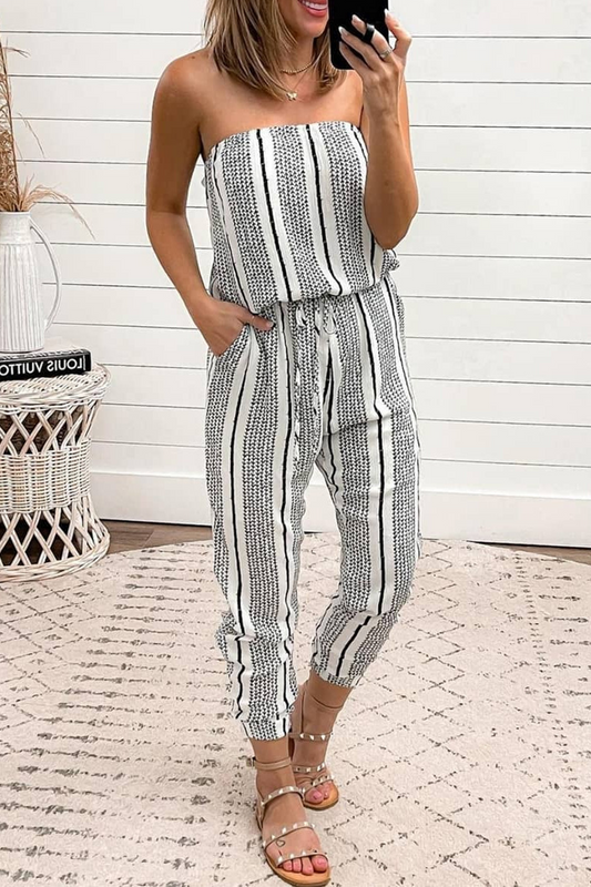 Antmvs Casual Print Frenulum Fold Strapless Regular Jumpsuits