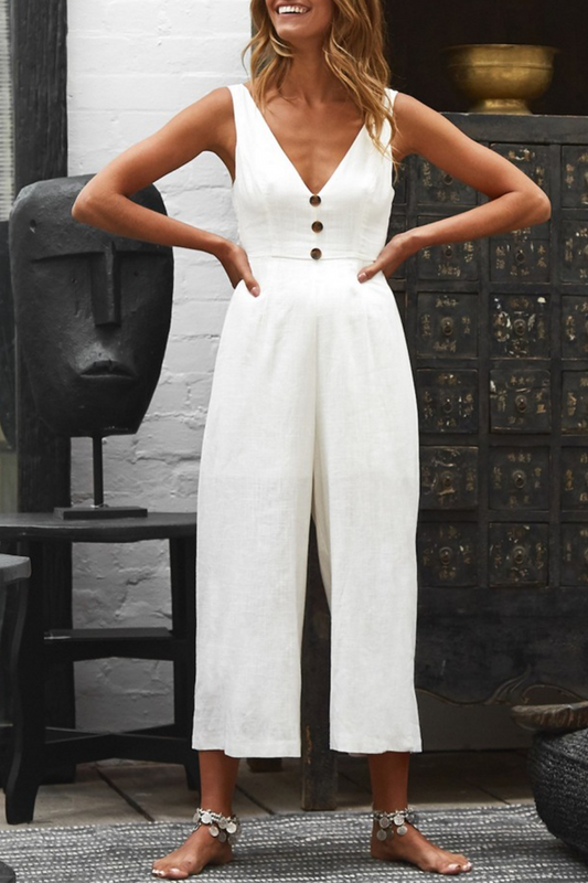 Antmvs Casual Solid Backless With Bow V Neck Straight Jumpsuits