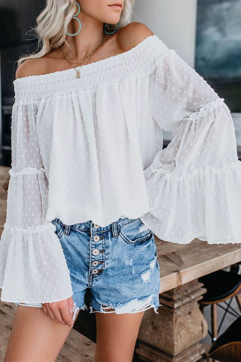 Fashion Elegant Solid Split Joint Stringy Selvedge Off the Shoulder Tops