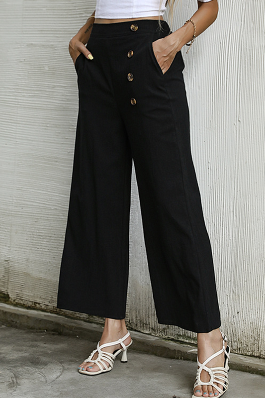 Antmvs Elegant Solid Buckle Capris Loose Wide Leg Bottoms