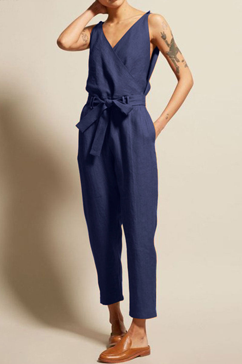 Antmvs Casual Solid Split Joint V Neck Loose Jumpsuits(4 Colors)