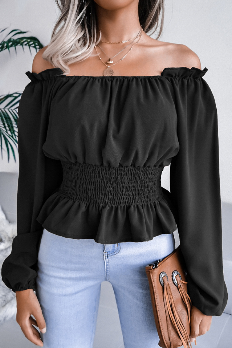 Fashion Elegant Solid Split Joint Flounce Off the Shoulder Tops