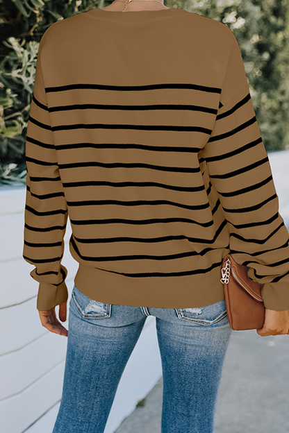 Street Striped Buckle O Neck Tops