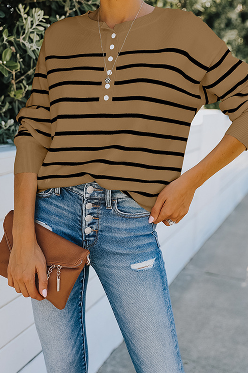 Street Striped Buckle O Neck Tops