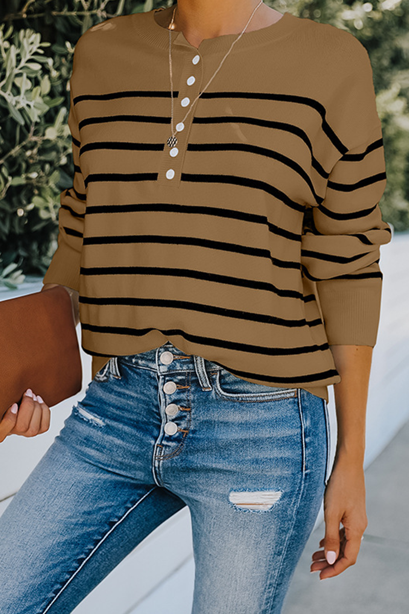 Street Striped Buckle O Neck Tops