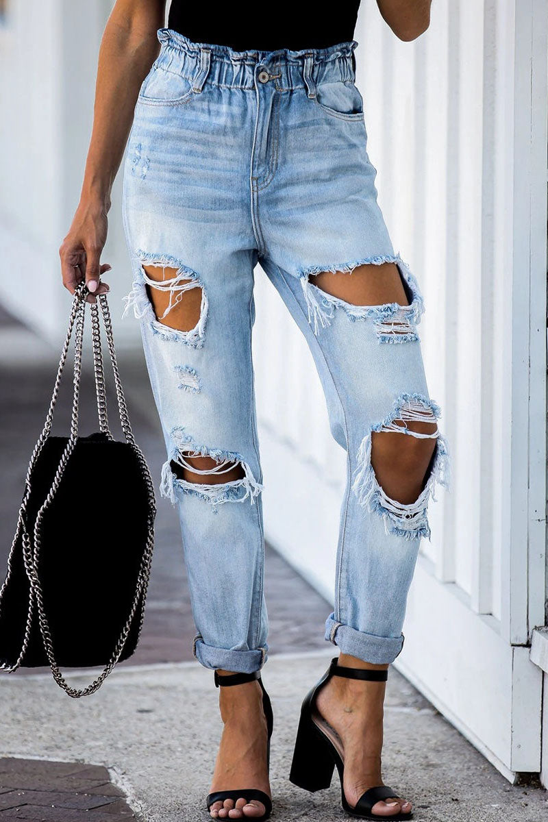 Antmvs Fashion Street Solid Ripped Mid Waist Denim Jeans