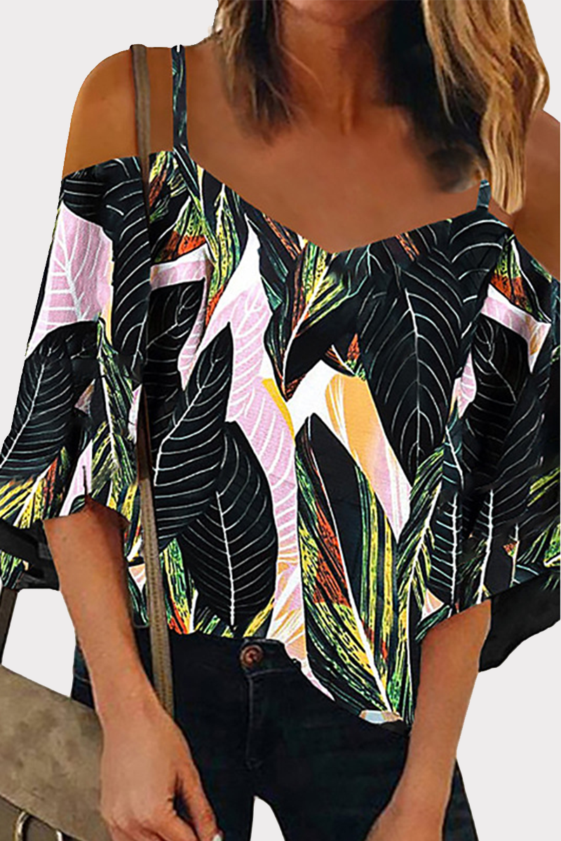 Casual Print Hollowed Out Split Joint V Neck Tops