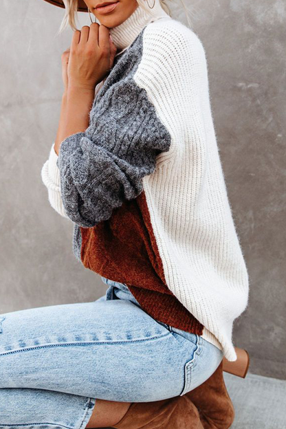 Casual Patchwork  Contrast Turtleneck Tops