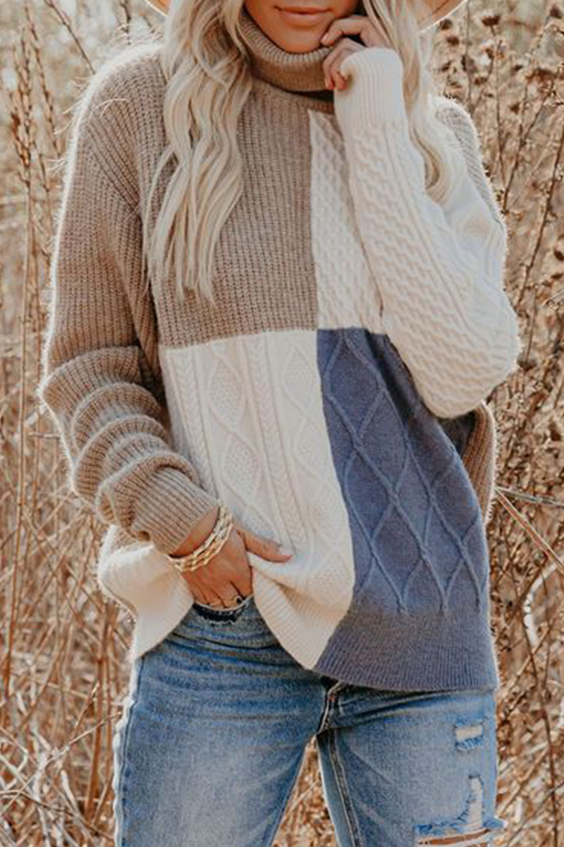 Casual Patchwork  Contrast Turtleneck Tops