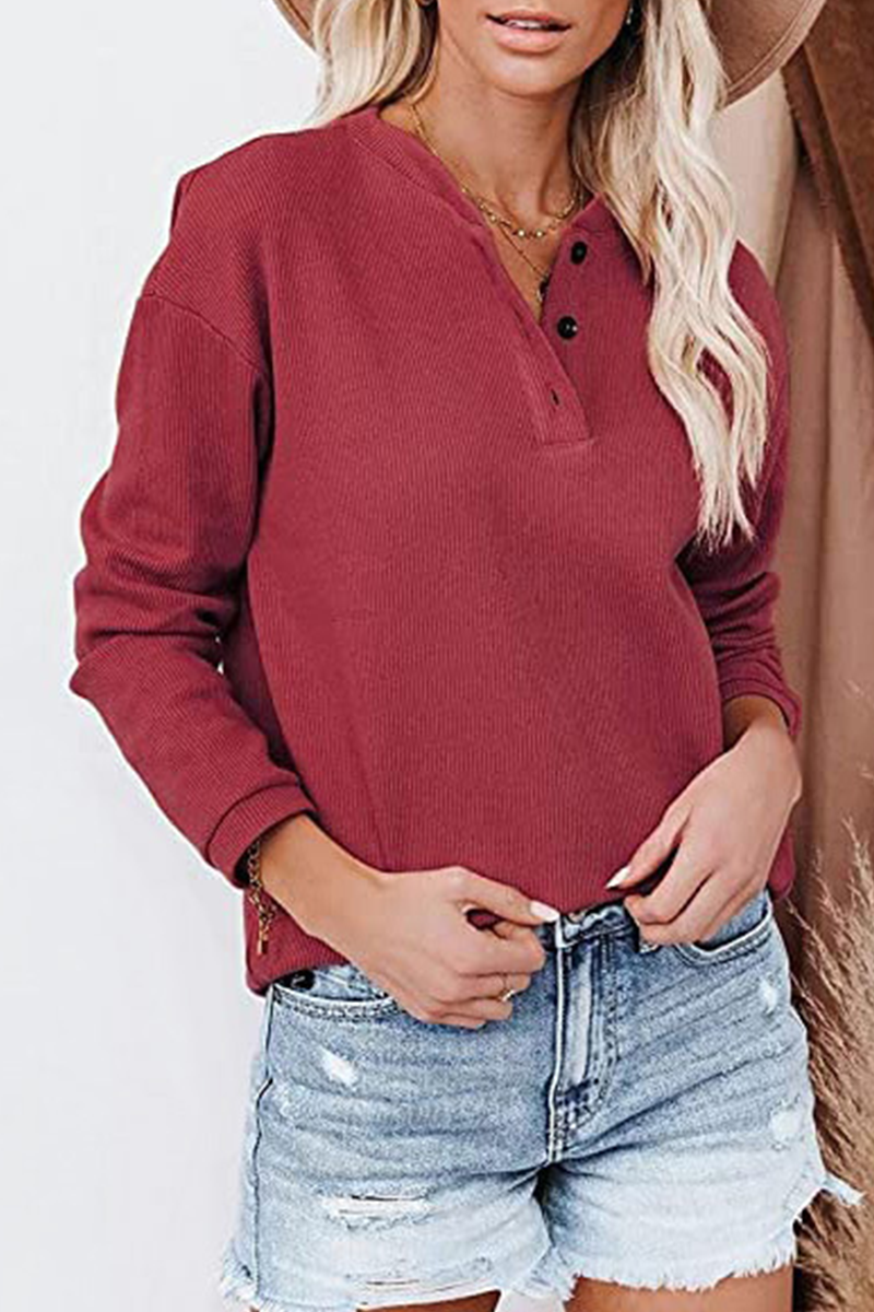 Casual Solid Buckle O Neck Tops(6 Colors)