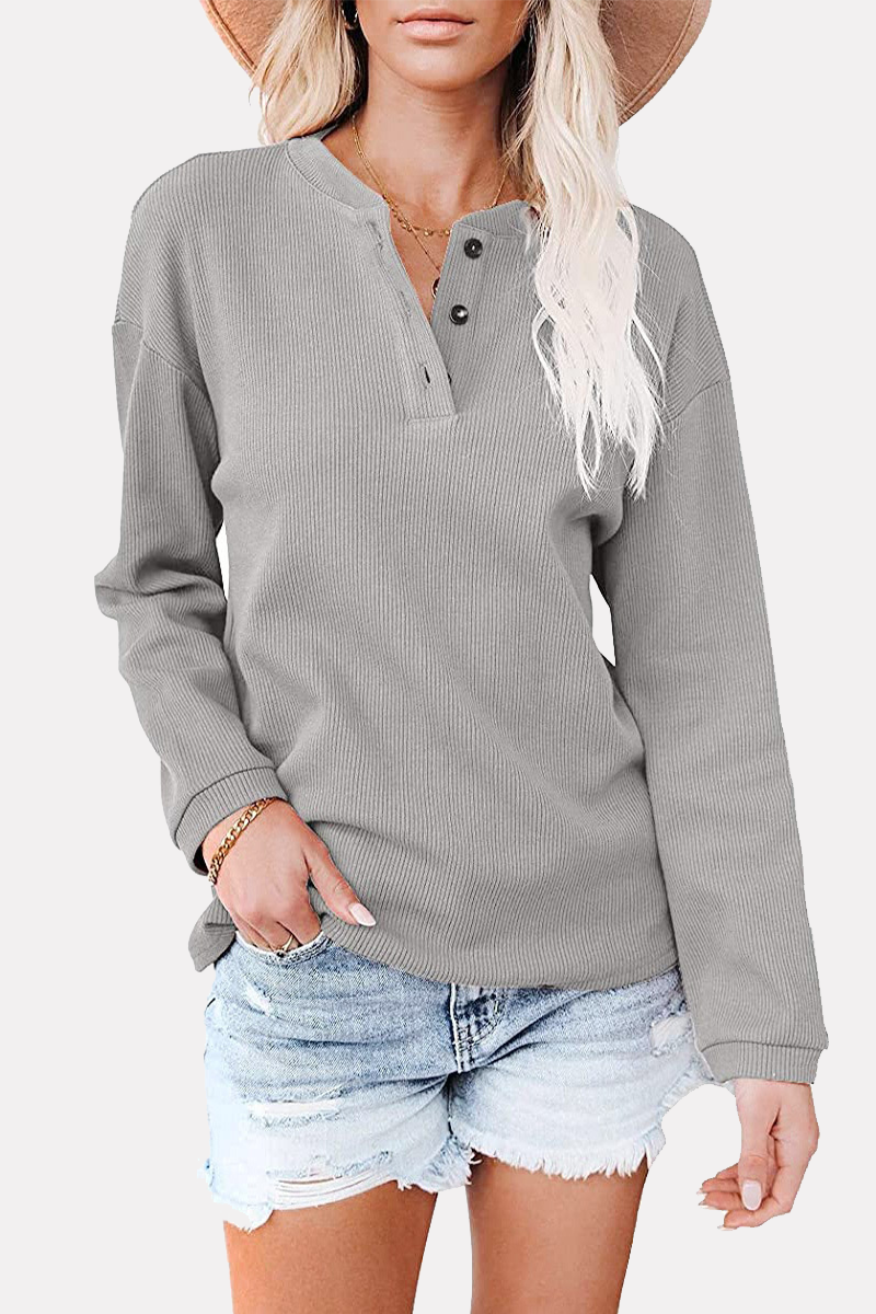 Casual Solid Buckle O Neck Tops(6 Colors)