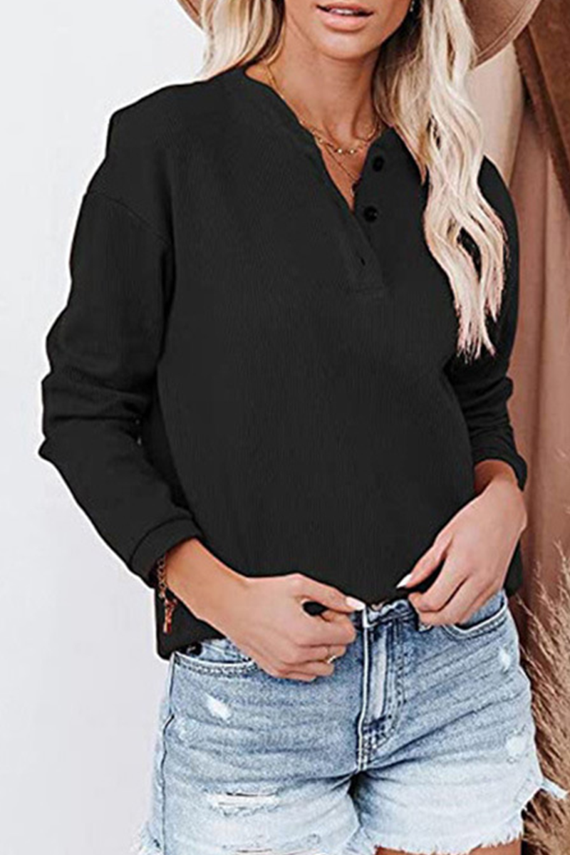 Casual Solid Buckle O Neck Tops(6 Colors)