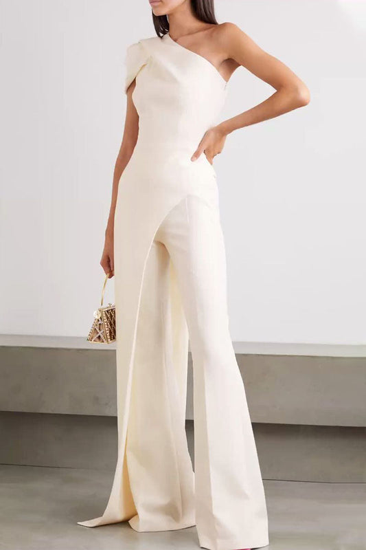 Antmvs Fashion Elegant Solid Split Joint One Shoulder Loose Jumpsuits