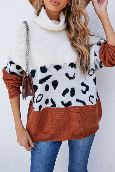 Casual Leopard Split Joint  Contrast Turtleneck Tops