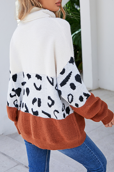 Casual Leopard Split Joint  Contrast Turtleneck Tops