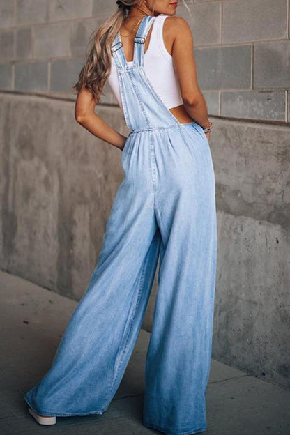 Antmvs Fashion Casual Solid Pocket Spaghetti Strap Loose Jumpsuits