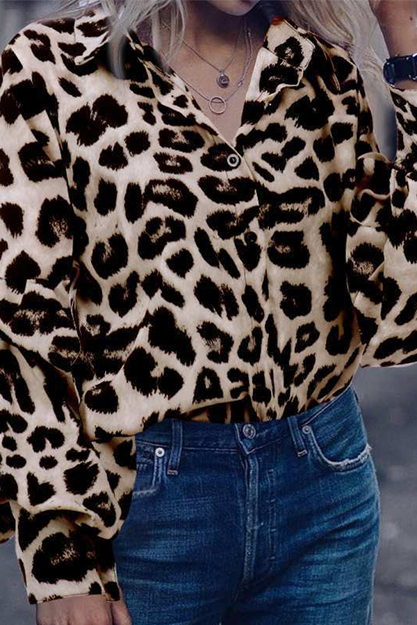 Leopard Buckle Turndown Collar Tops