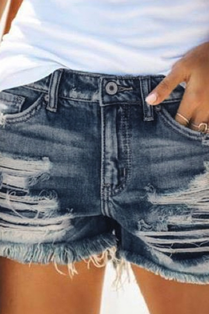 Antmvs Casual Solid Ripped Mid Waist Straight Denim Shorts