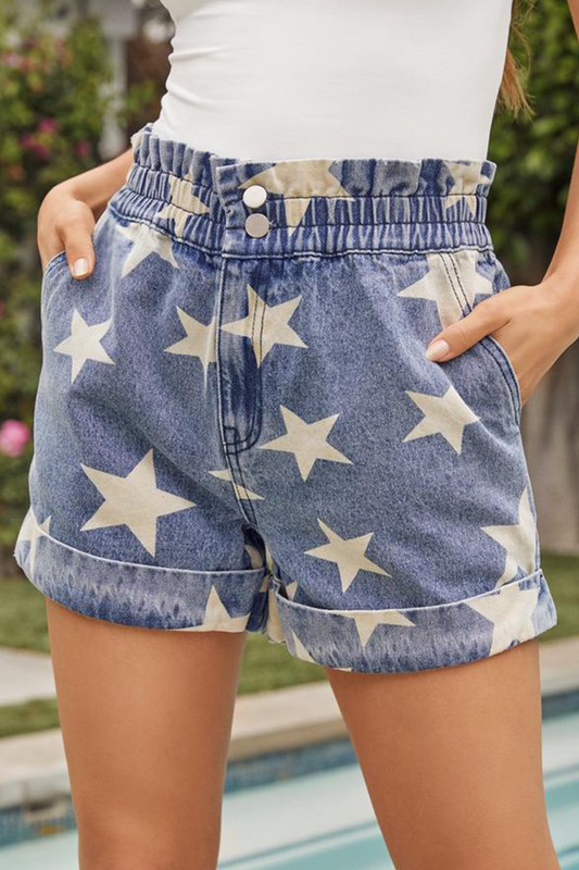 Antmvs Casual Print Split Joint High Waist Straight Denim Shorts