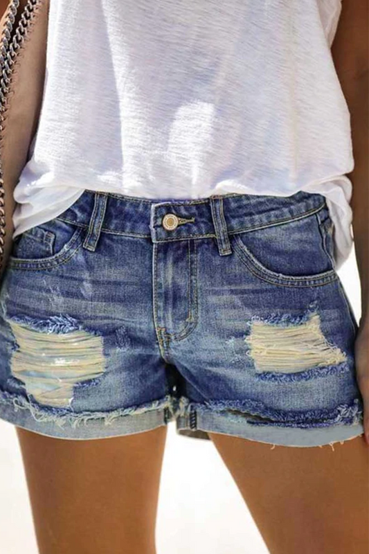 Antmvs Casual Solid Ripped Mid Waist Regular Denim Shorts