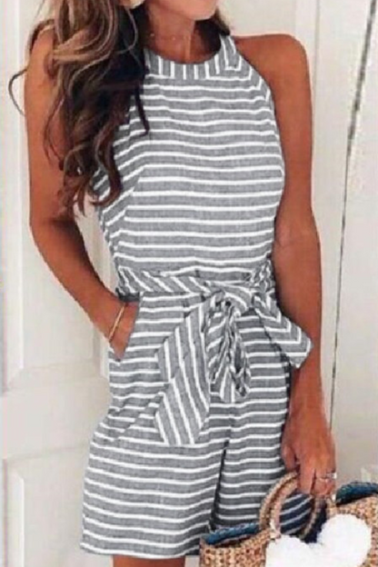 Antmvs Casual Patchwork Bandage With Belt O Neck Loose Jumpsuits