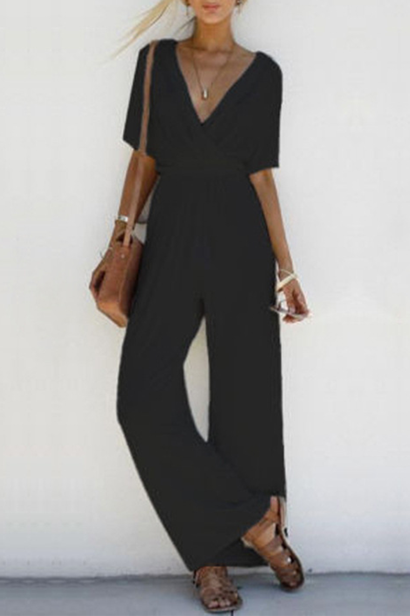 Antmvs Casual Solid V Neck Straight Jumpsuits(3 Colors)