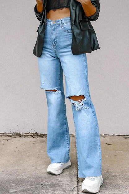 Antmvs Street Solid Ripped High Waist Regular Denim Jeans